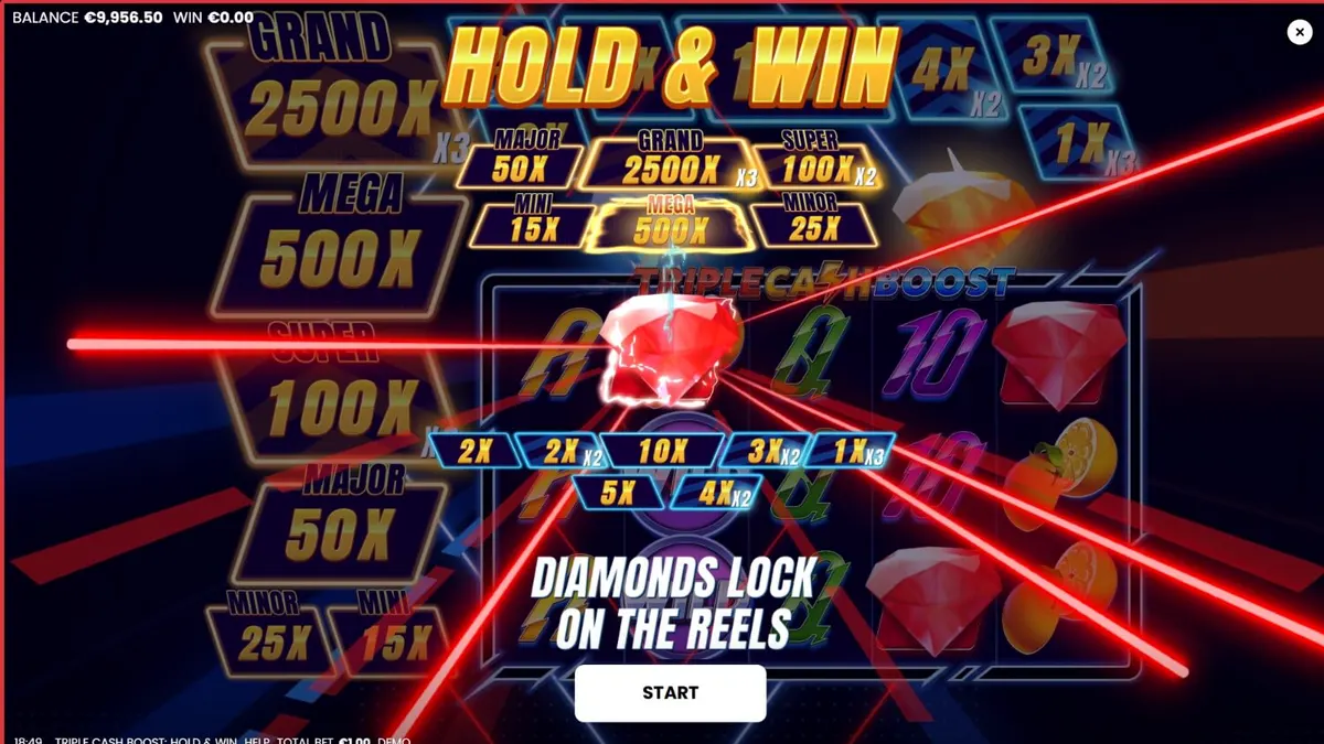 Interface do slot Triple Cash Boost em um smartphone moderno com luzes neon