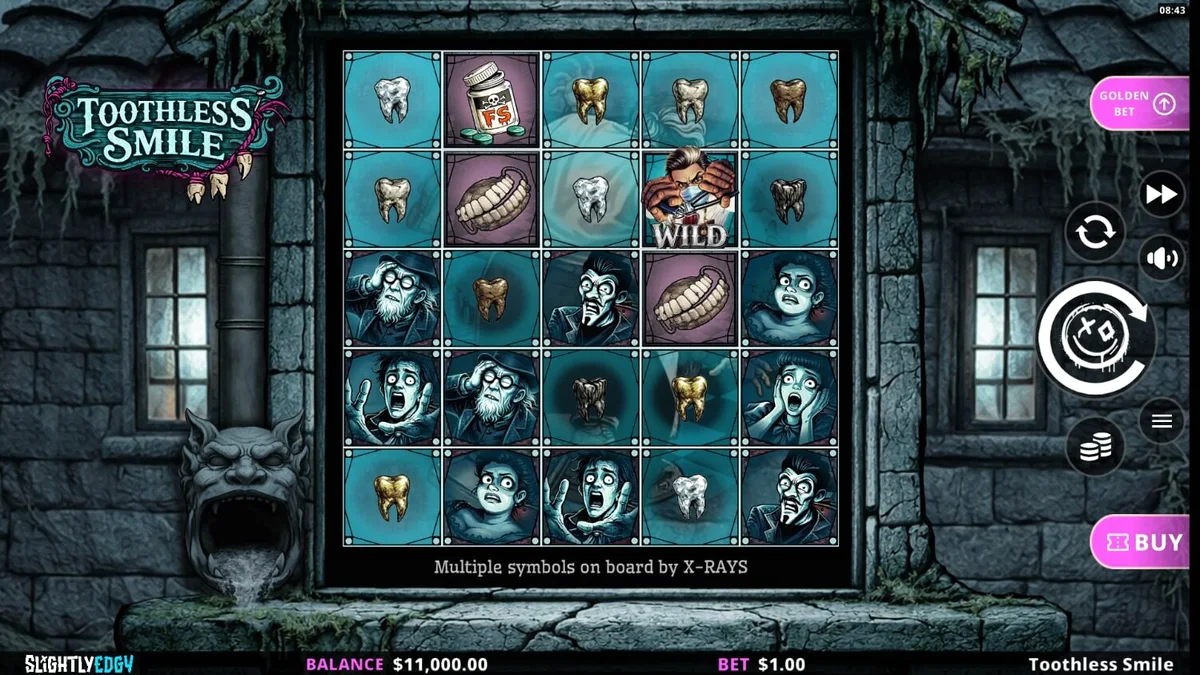 Interface do slot Toothless Smile com tema de horror odontológico e grade de 5x5