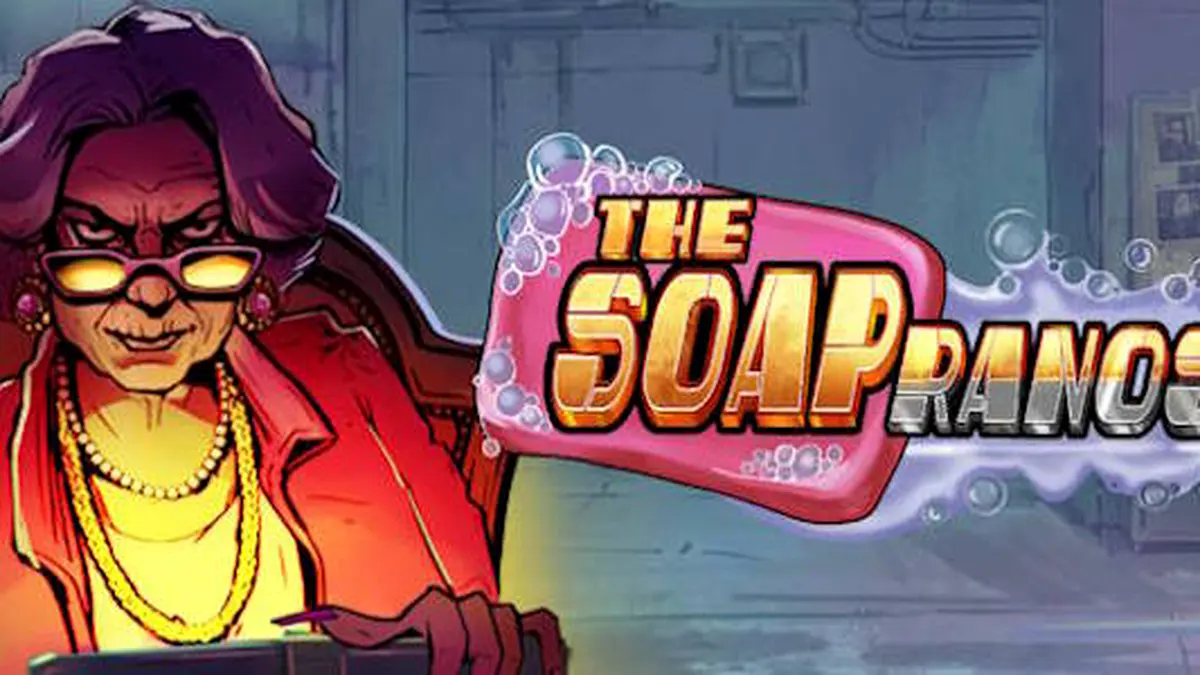Interface de jogo do slot Soapranos com luzes de neon e grade de 5x3